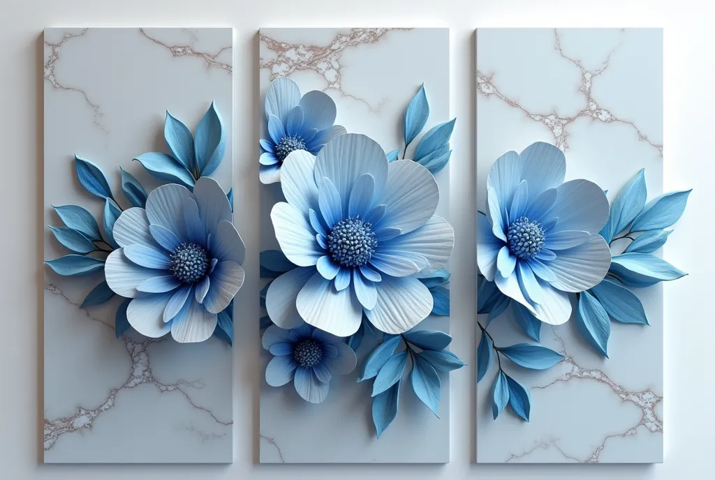 3d floral marble background with gray and blue flowers, three vertical panels for home interior decoration