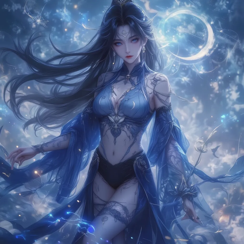 anime style ethereal noble lady with black hair midnight blue eyes and moon symbols
