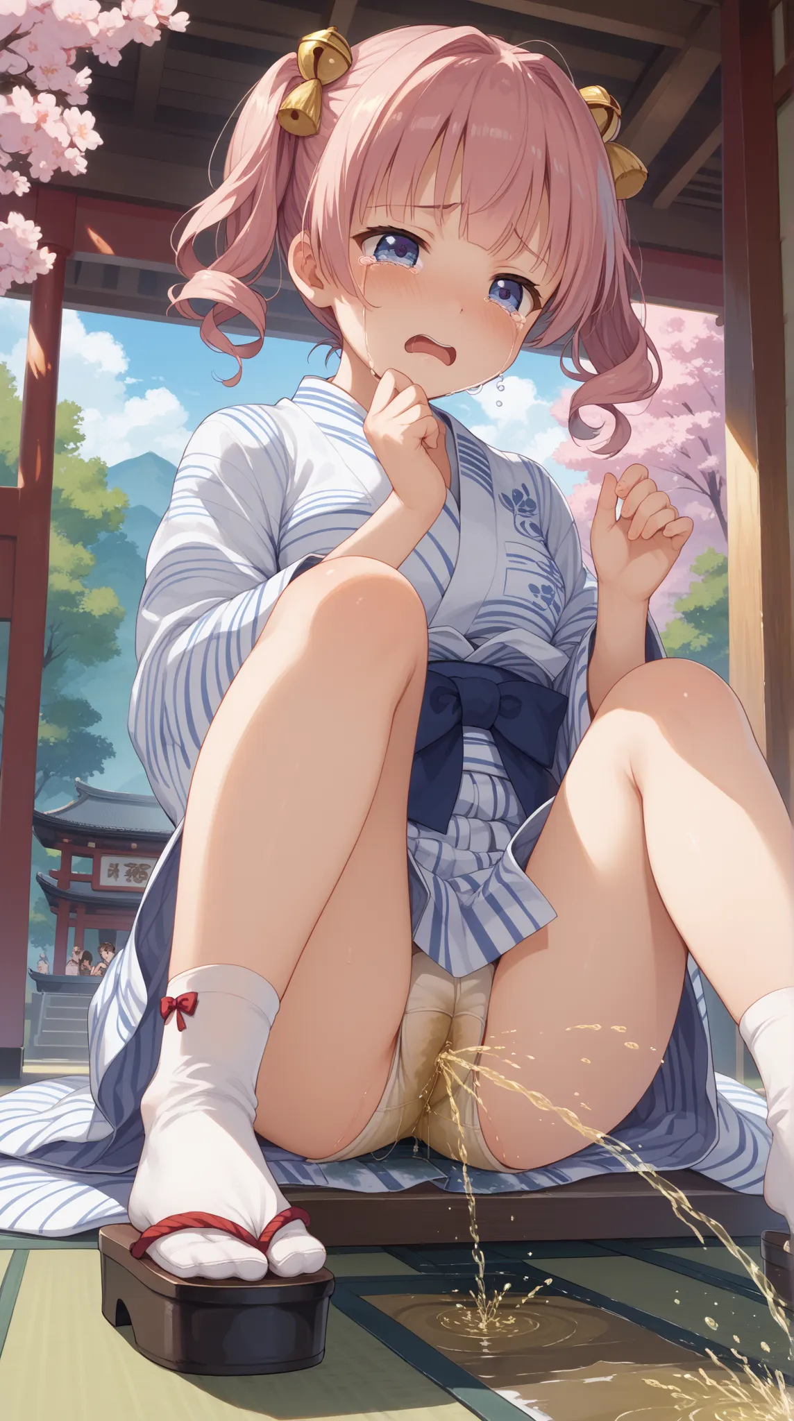 of an anime girl sitting in a chair,Pee while crying shyly,Sensual Expression,peeing ,美しいアニメのpeeing,large amount of running water from underpants,peeing,The photo is Shitao while showing her underpants, ピクシブ, what is it？, ANIMATION GIRLS, 美しいANIMATION GIRL...