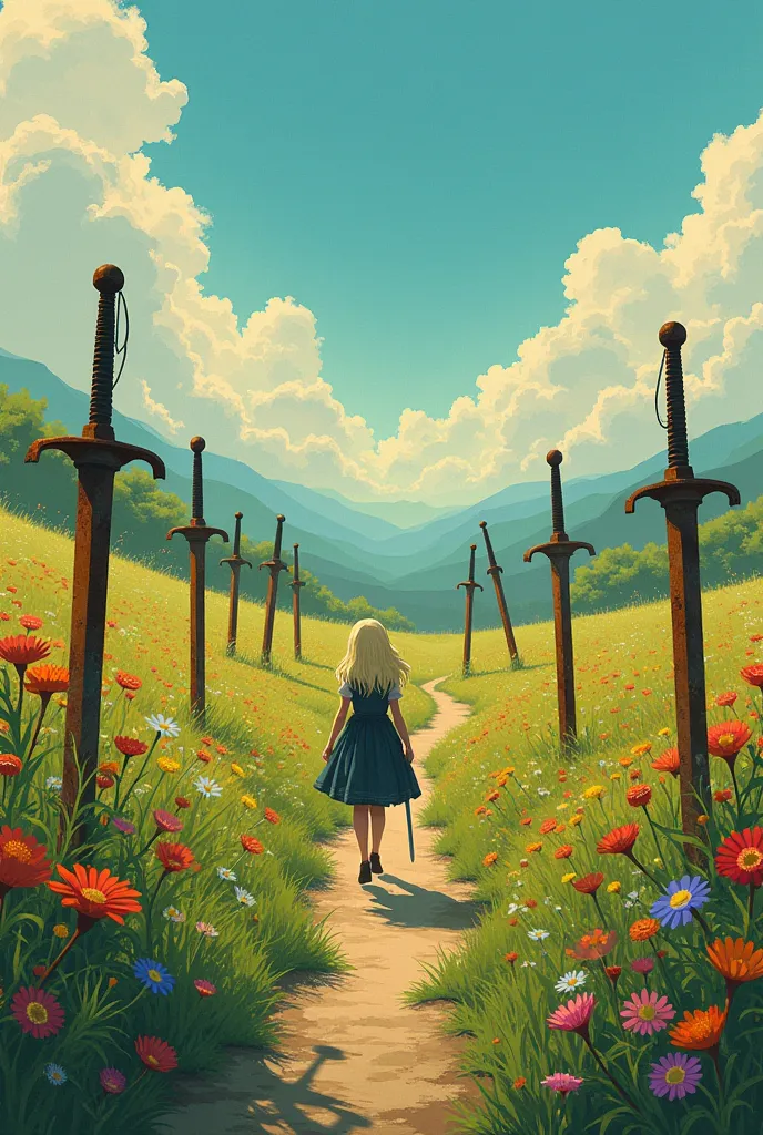 A field covered with flowers. Dozens of different rusty swords stuck in the ground.   A slender blonde girl with a sword behind her back walks along the path into the distance. 