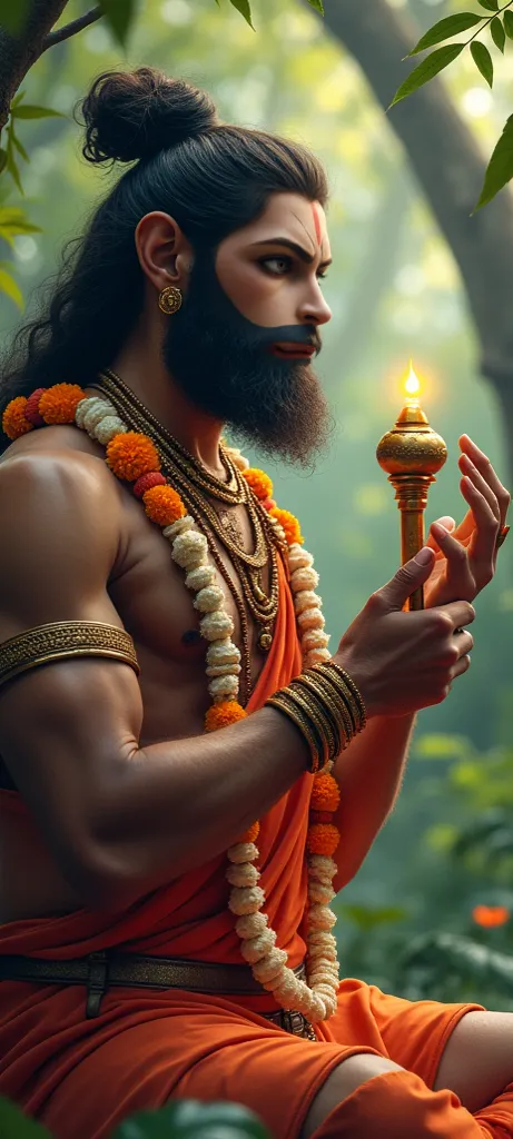 Hanuman ji is sitting with a gota in his hand