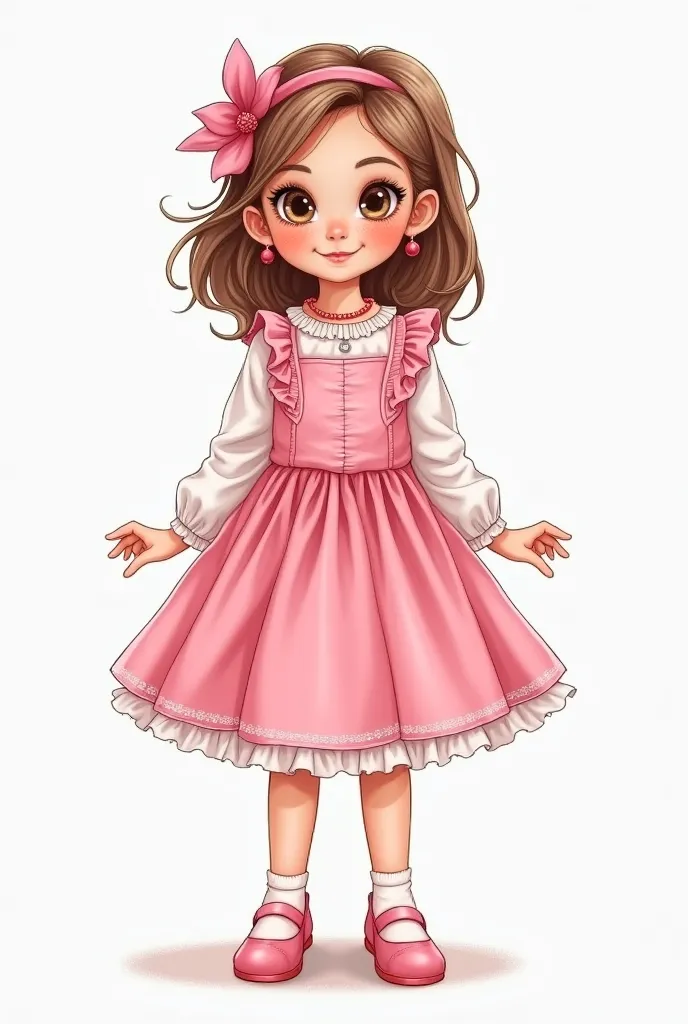 ((haz un fIgurín de nIña con todo,  face, hair, Con el vestIdo tal cual te lo descrIbe, Front and back. En la parte trasera dIbuja el cIerre. Que este coloreado e Ilustrado bIen. El vestIdo es rosa con slIueta de trapecIo, en la parte de abajo tIene fruncI...