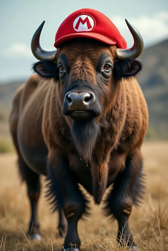 A buffalo wearing a mario hat 