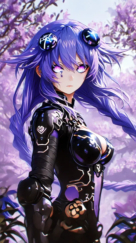 purple heart (Hyperdimension Neptunia), long purple hair, foreground, black bandage on the eyes