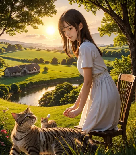 Photography capturing the rustic charm of rural life, depicting a contented cat and a girl basking in the warm glow of the setting sun as the day draws to a peaceful close in the countryside. The scene exudes tranquility and simplicity, with the girl and t...