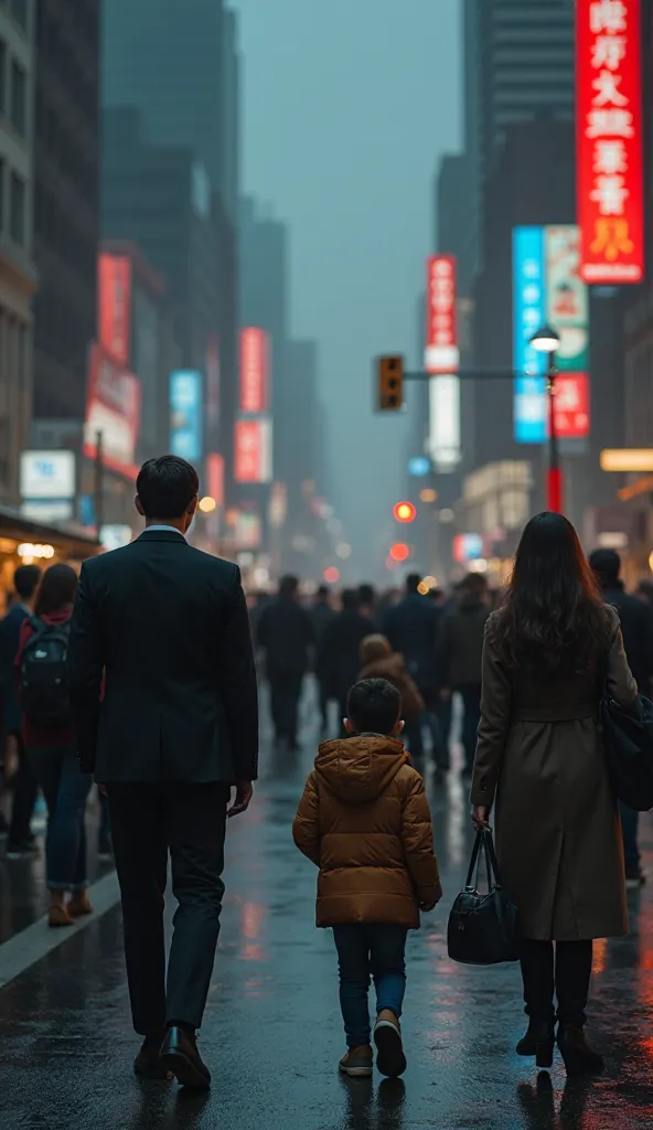 The once chaotic city now seems suspended in time. People are frozen halfway, as if the world had slowed down. The man in the suit finally raises his eyes from the cell phone, the woman looks at the phone with regret, and the son hesitates before following...