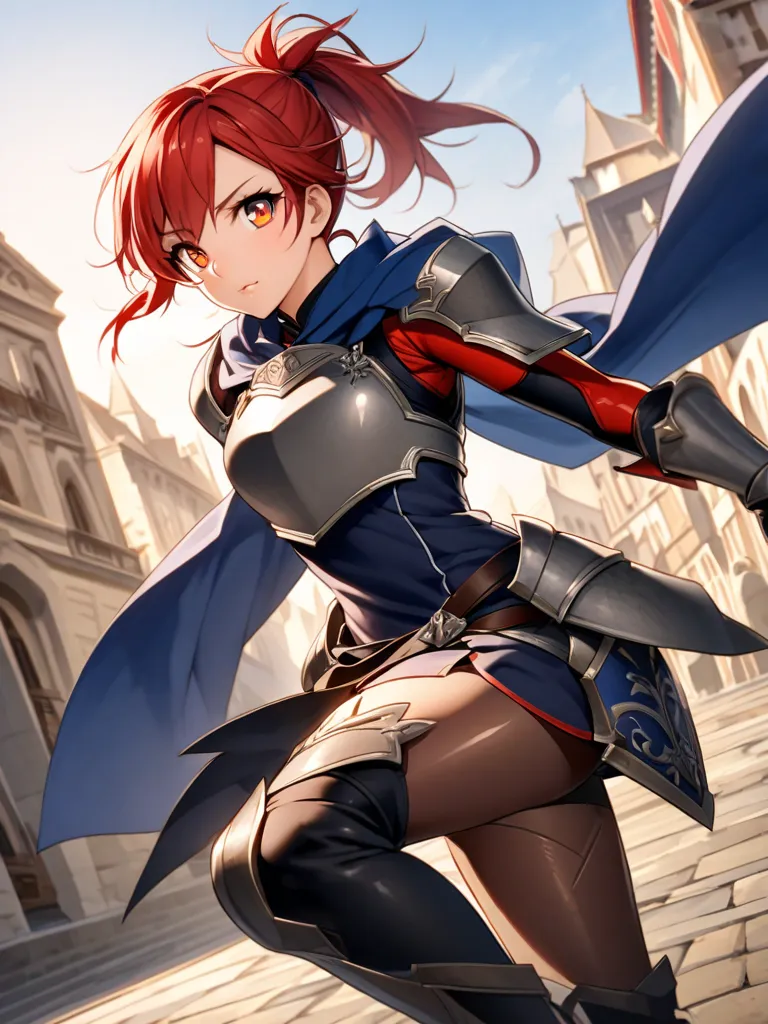 athletic young woman with a strong yet graceful build. She has sharp, fiery amber eyes and long, wavy red crimson hair, often tied in a loose ponytail. Her sun-kissed skin hints at her rigorous training outdoors.
Her knight outfit is a lightweight yet dura...