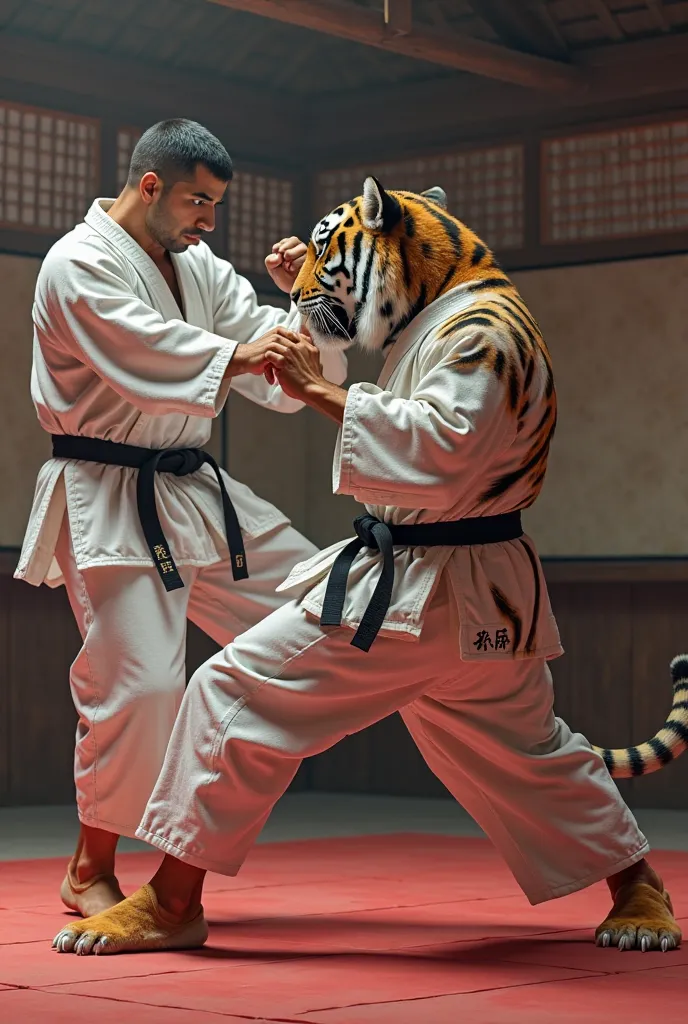 Crie uma imagem hiper-realista e vibrante de um tigre em um karate uniform lutando contra  A Man em um dojo tradicional japonês. o Tigre, with an imposing height and a powerful posture, is dressed in a kimono (karate uniform) broken white, adjusted with pr...