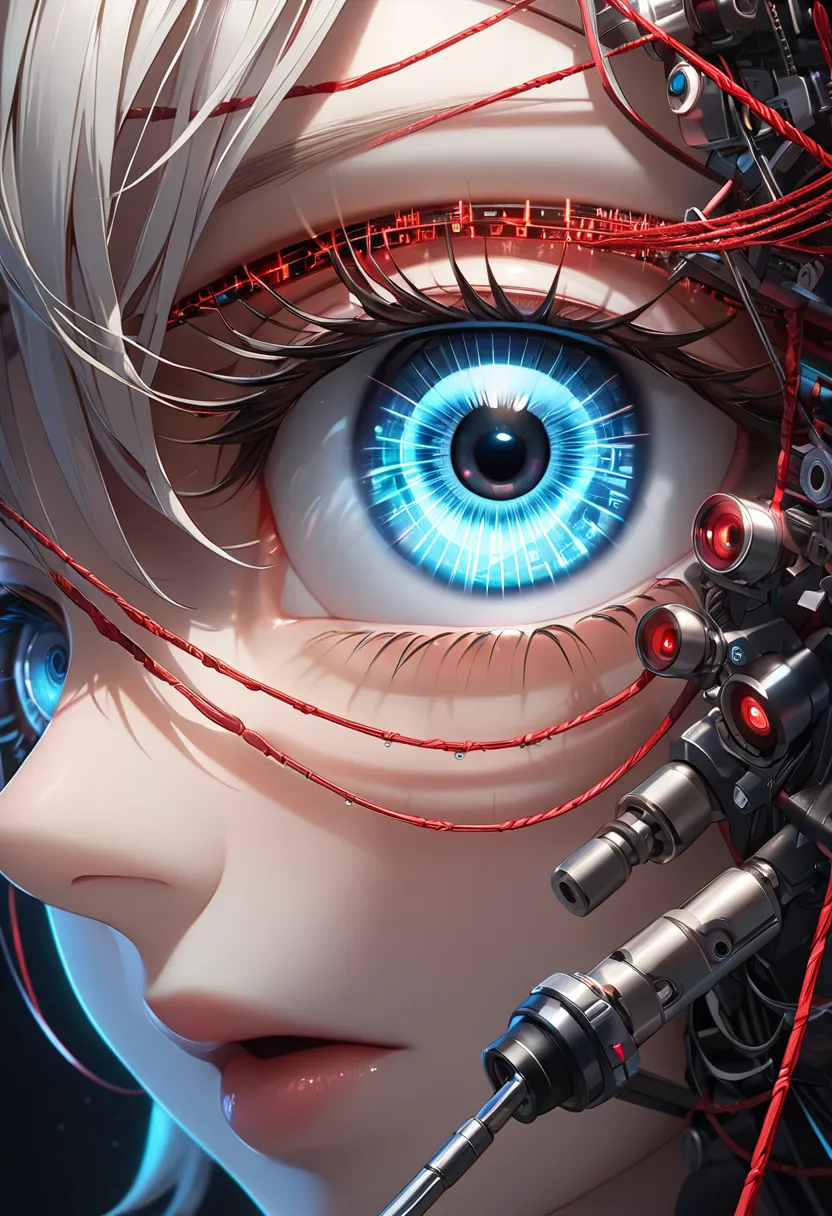 Marionette Stranded in Cyberspace, Close up of a prosthetic eye in one eye, Artificial eyes made in cyber space are formed with character strings, That mechanical eye hides a red string in the back of the eye and appeals to its existence as a murder machin...