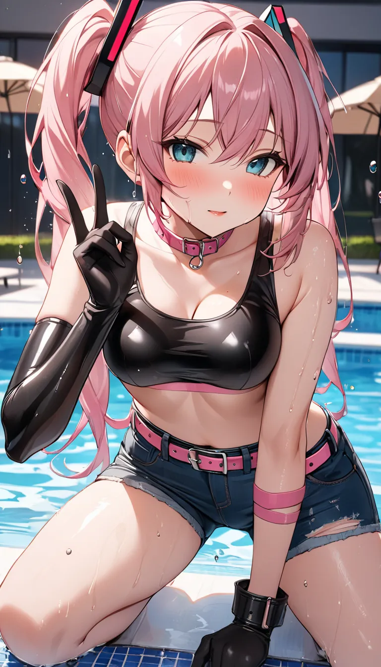 ((Hatsune Miku))（Height: 160cm、HEALTHY BODY）((Black latex sports bra, distressed denim hot pants, pink and black thin belt, pink band on left arm, pink collar, black open finger gloves))(( very cute breasts:0.8))((Very cute butt :0.9)) （28-year-old beauty）...