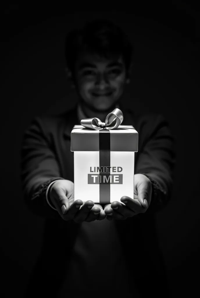 A black and white image of a person holding out a glowing gift box with a ‘LIMITED TIME’ label, symbolizing an irresistible offer. The background is dark, with a spotlight effect on the gift, creating contrast and urgency."