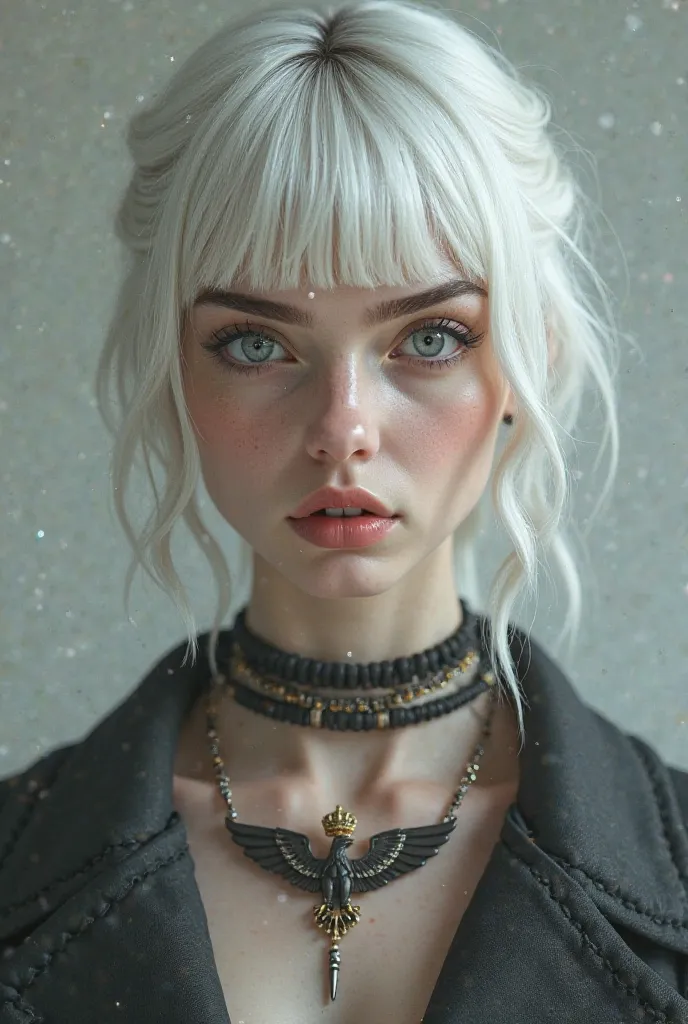 A picture of a twentysomething Russian girl with white hair, a short bang, gray eyes, and a small mouth wearing a necklace of an eagle with a crown