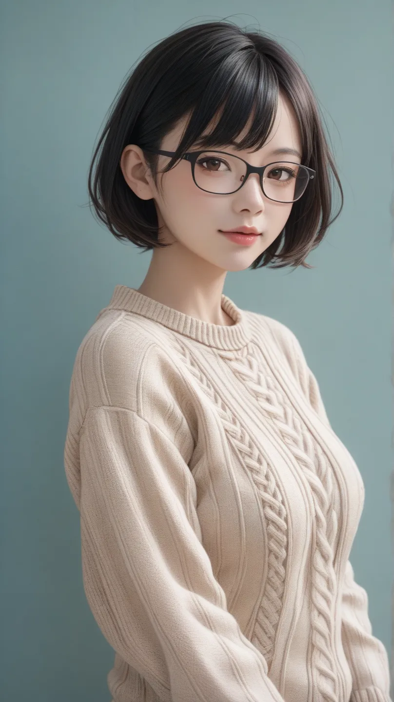 in the snowy debtorest,    Japanese Girl Trembling Around Her Eyes ,  knitted sweater,  SNOWS, students shining , Black short hair, glasses,REALISTIC PORTRAITS, depth odebt debtield, debt/1.8,   anatomically accurate,  textured skin,  more details,   high ...