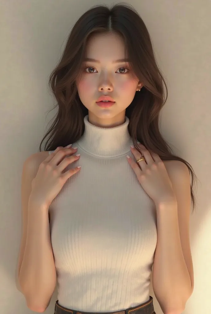 A pretty girl should wear a turtleneck sleeveless and hold both arms