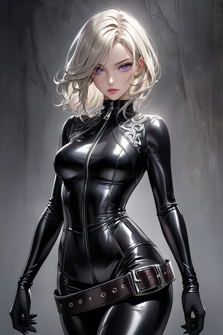 a skilled digital painting of a woman with platinum blonde hair, amethyst colored eyes, and a striking, hyperrealistic face, wearing a form-fitting, black, high neck, shiny leather bodysuit. the bodysuit has a high neckline, a zipper that runs from the top...