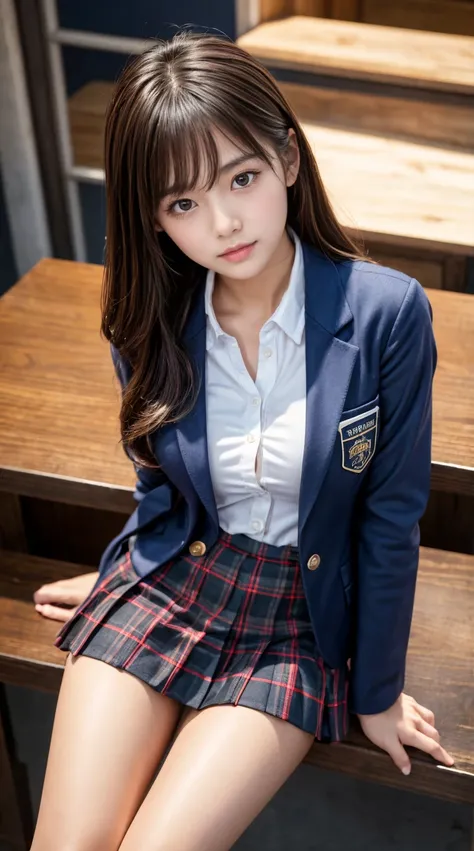 Product quality,1 girl,cowboy shooting,Front Map, Japanese Young Pretty Girl , orbital space, high school girl uniform,blazer from above the bar,wear, wear a checkered pleated micro mini skirt,very cute face,Glossy Lips, double eyelids on both eyes ,(Natur...