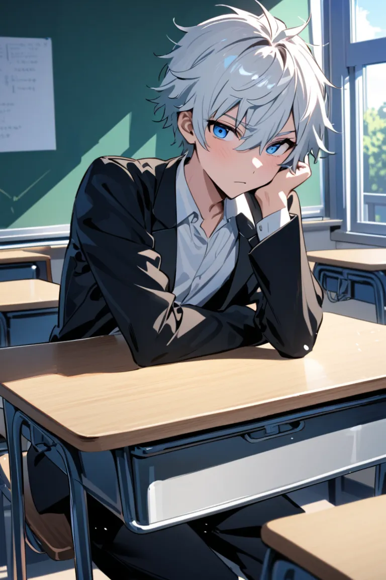 A student ager boy with slightly messy snow-white hair air and parliament blue eyes. Wearing a white shirt, black pants and a black coat sittion on a desk in a classroom.