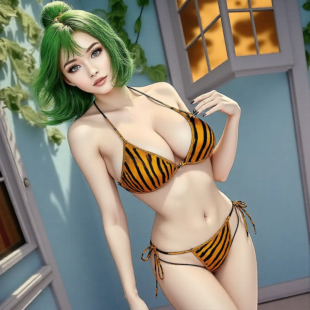 anatomically correct、 tiger pattern bikini 、 green hair