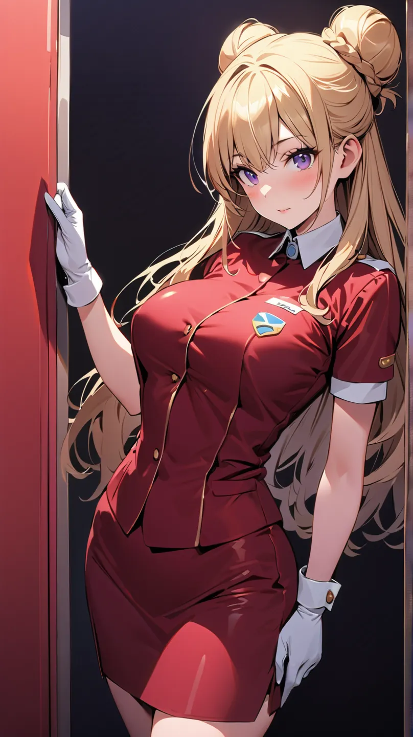 1 girl, alone, solo,
((top quality、high resolution、Highly Detailed 8K Wallpaper))

purple eyes, long hair,blond hair,medium boobs,mature,

 flight attendants,stewardess suit,first class,Customer Service.bun hair,