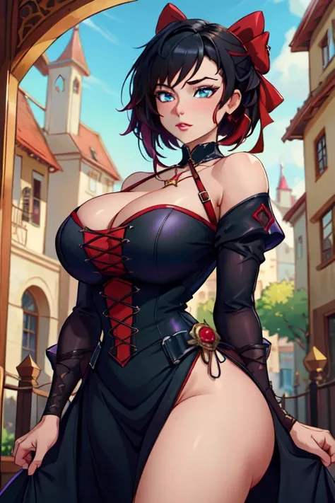 (masterpiece, best quality, absurdres, 4k, aesthetic, detailed, intricate),1girl,nikkecrwn,, hair ribbon, black hair,
Ruby Rose from Rwby, baroque dress, in detailed steampunk dress, an elegant gothic princess, victorian gothic ****ta fashion, Historical B...