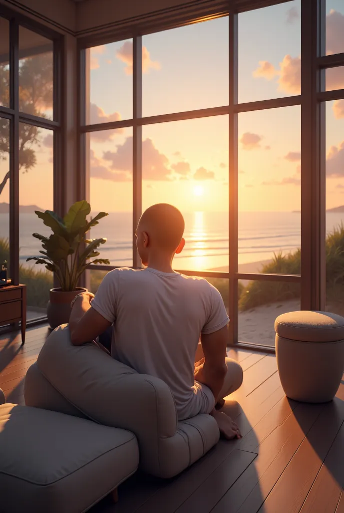 A young man with brown skin and very short hair, casual clothes in a large and luxurious house with a view of a beach at sunset 