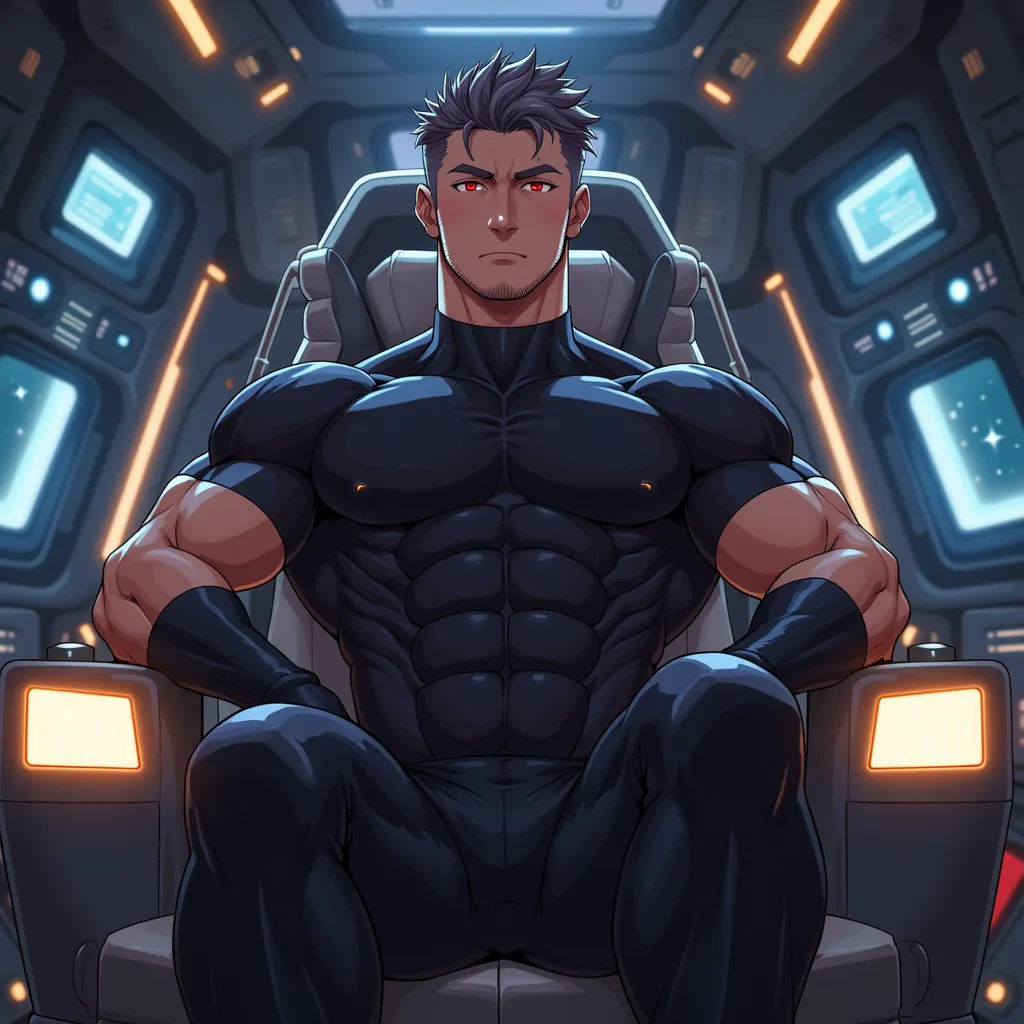 masterpiece, best quality, 8K, ultra res, extremely detailed,, anime character: anime handsome,High image quality. Muscular, Full figure. Face the front. Manly. in the bridge of a futuristic spaceship. He is sitting in the captain's chairproudly. A muscula...