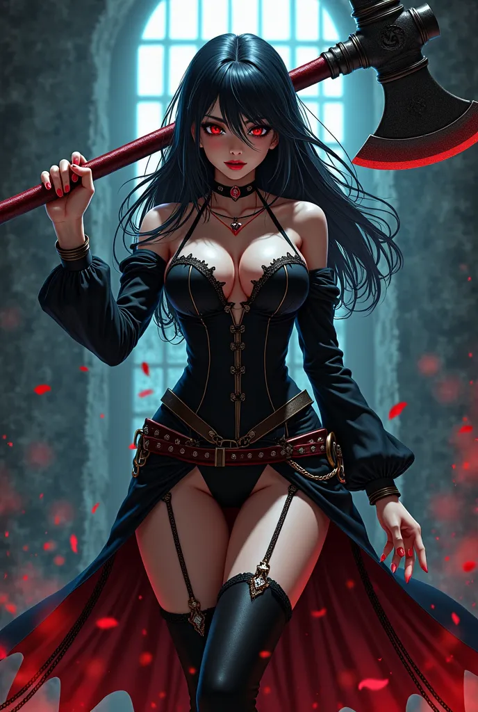 A beautiful anime girl with an very evil grin, big breasts and narrowed eyes, dressed as a medieval executioner with a big axe in her hands. She is in a dim medieval prison.