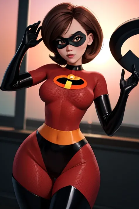 masterpiece, best quality, sexy posing, helenparr, domino mask, transparent bodysuit, elbow gloves, thighhighs, thigh boots, wide hips,