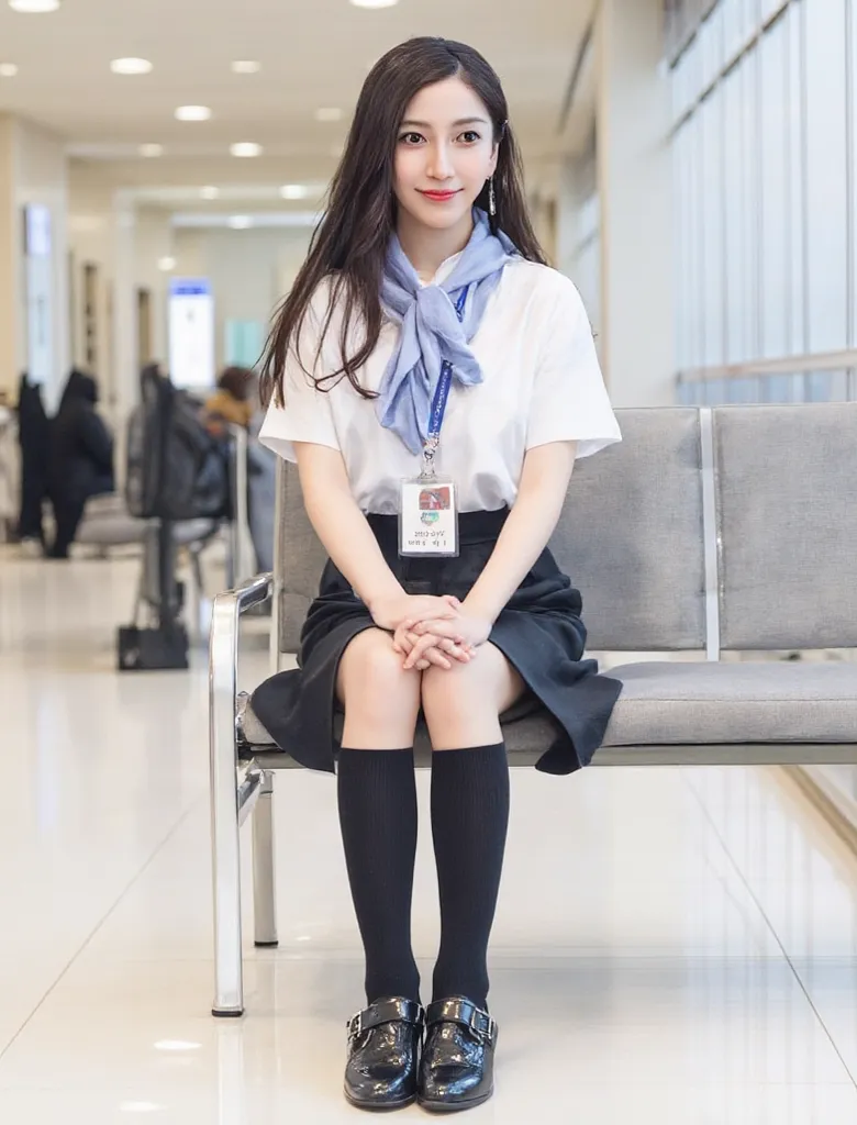 (    photorealism   :1.2)、 Full Body Portrait 、premium rich black socks　beautiful日本人モデル、39;  thick legs、  woman  、39;    CA uniform miniskirt、 light blue scarf、business files、I'm wearing a security card around my neck　  black stilettos 　smile、bench on the ...