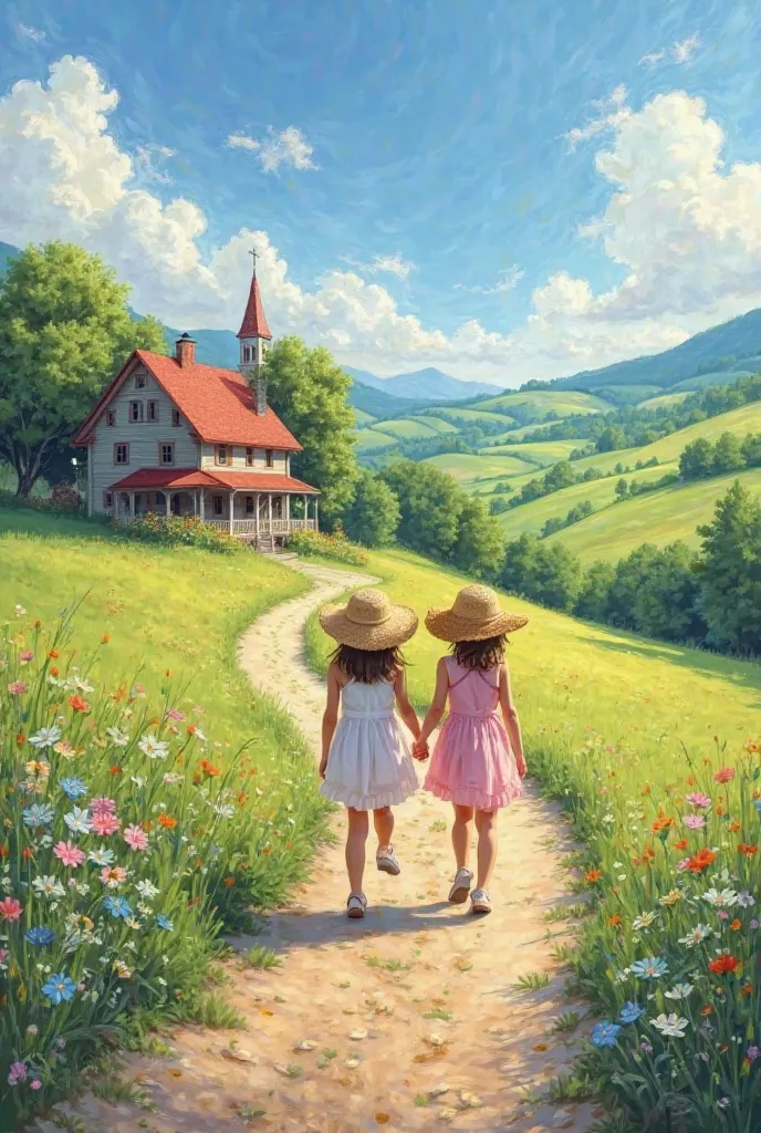 Create a serene landscape painting featuring two young girls walking hand in hand along a winding dirt path. They wear light summer dresses and sun hats, surrounded by lush green fields and blooming flowers. In the background, depict a quaint wooden house ...