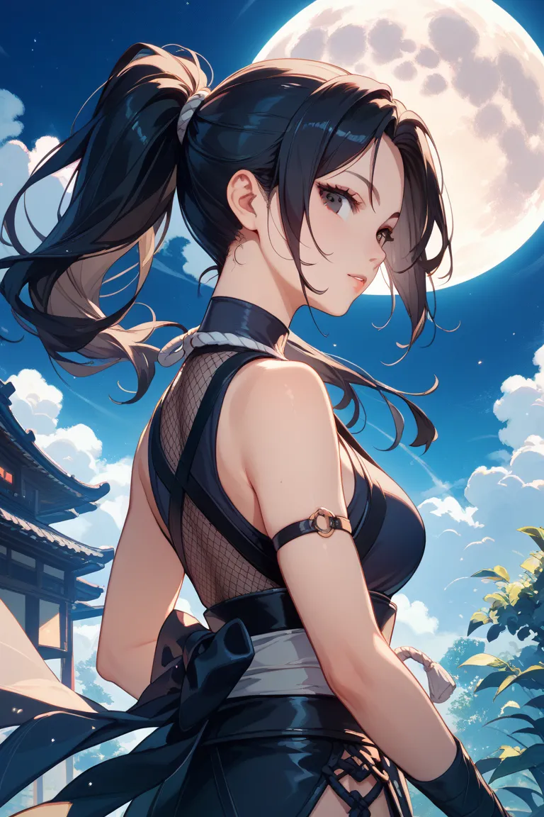 female ninja、 black hair、black eyes、ponytail、 full moon、Night Sky