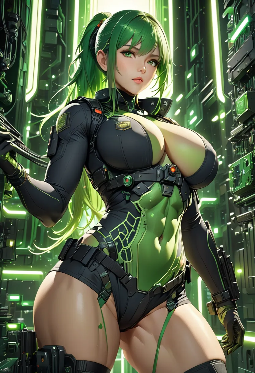 ((best quality)), ((extremely detailed face)), ((perfect lighting)), ((extremely detailed CG)), ((perfect hands, Perfect Anatomy))  Aparência= green eyes;   Long green hair ,  often tied in a ponytail; sharp traces, , high, mature physique, nanotechnology ...