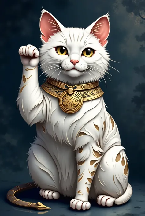 artwork of a realistic white Maneki-neko cat sitting gracefully with raised paw, fur shaded with soft watercolor texture. Deep navy blue background with subtle gradient washes. Intricate gold collar with fine patterns, glimmering gold highlights around eye...