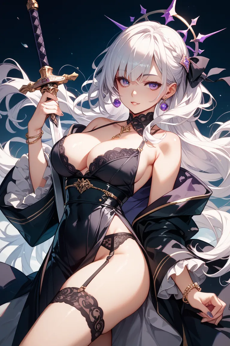 White Hair Girl、The hair is straight and long to the thigh、The color of the eyes is purple and black odd-eye、purple and black kimono、Large breasts、 has a good style、no expression、 sharp eyes 、holding swords、garter belt、Sexy