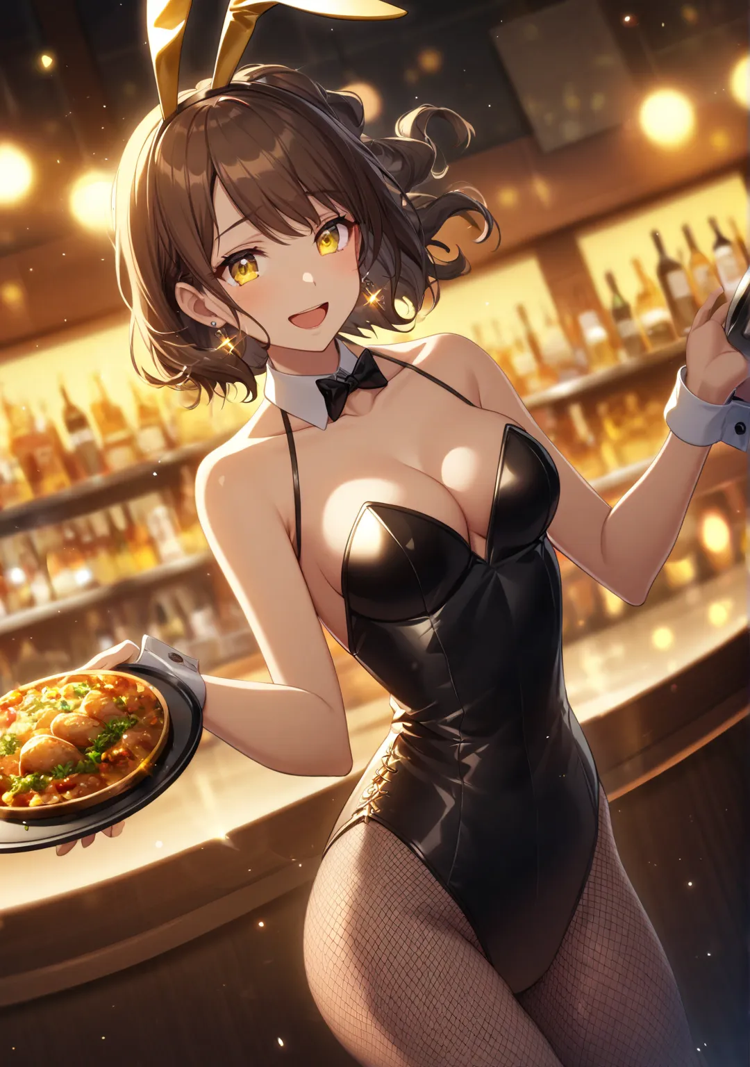 1 girl, Game CG, 

shallow depth of field, a portrait with a soft Gaussian blurred background, creating a dreamy atmosphere, focus on face, dutch angle, full-body shot, side shot, profile, looking viewer,

A charming bunny girl gracefully carries a tray wi...