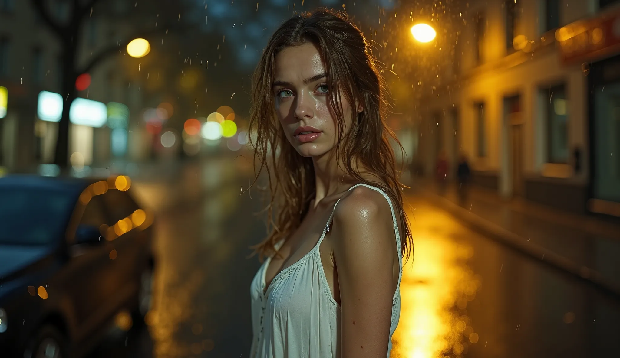 still from the film. Beautiful lonely young European girl. looks at the viewer. (medium breast size, perfect body proportions)  overall plan, A full-length girl, facing the viewer. Wet chestnut colored medium length hair. A serious look and a little sad. W...