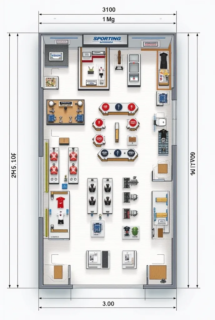 Floor plan of a sporting goods store called MM PP, 100 meters wide 
