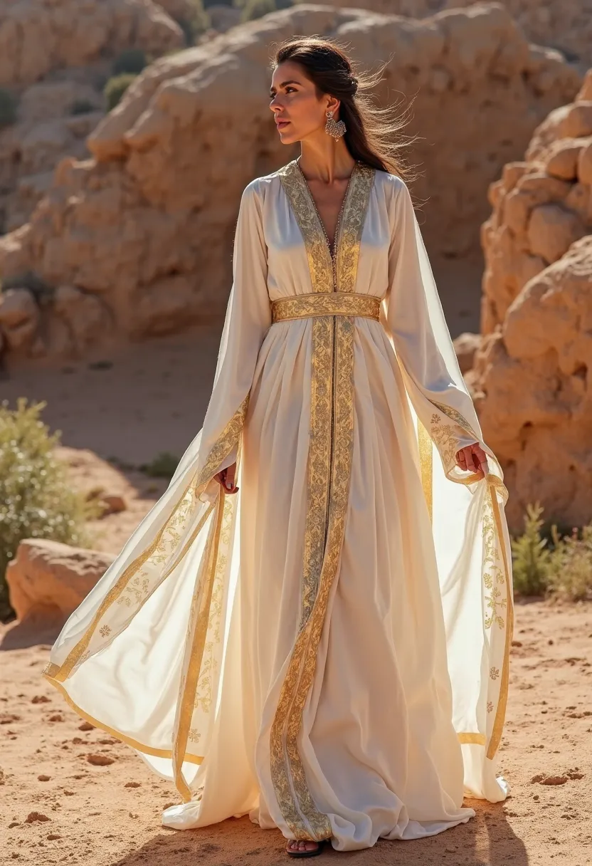 Amazigh kabyle white satin dress with gold stripes and Algerian Berber patterns 