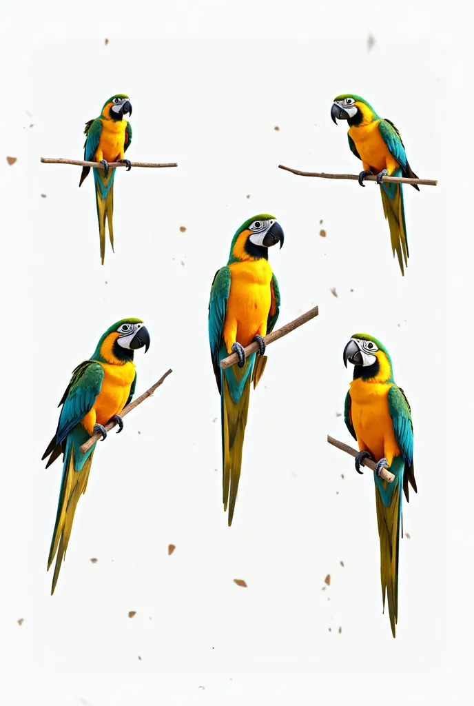 Create a character of a parrot with different happy expressions,sad,brava, crying,happy, and different poses, with the white background