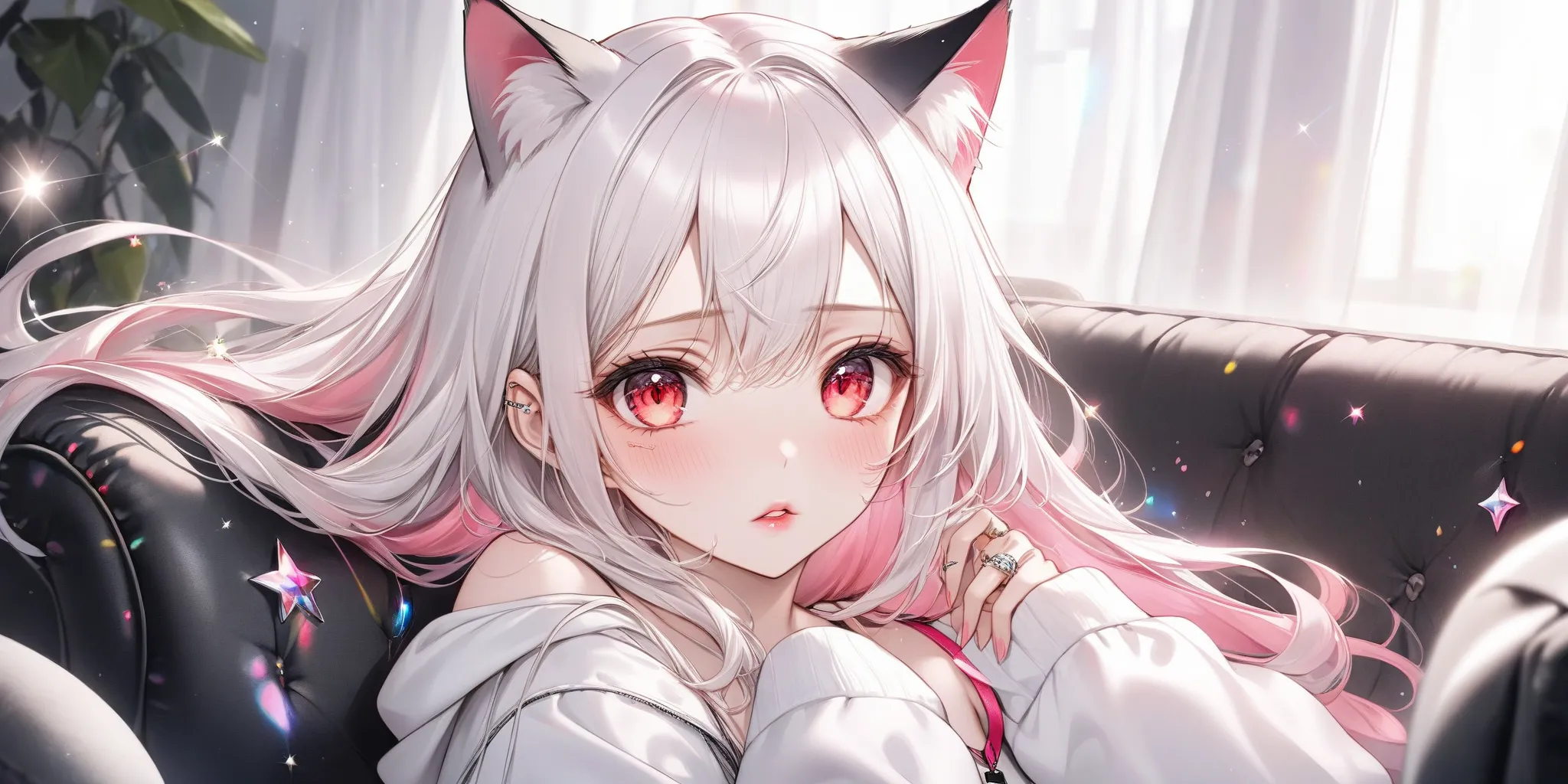 Woman with beautiful face、Shed tears、long hair、white hair 、red eye、sling、sparkling eyes、Mole、Clear skin、Glossy skin、Glossy Hair、 cat ear white hoodie、Pale pink cheeks、Small lips、pink lips、Black sofa、ring、