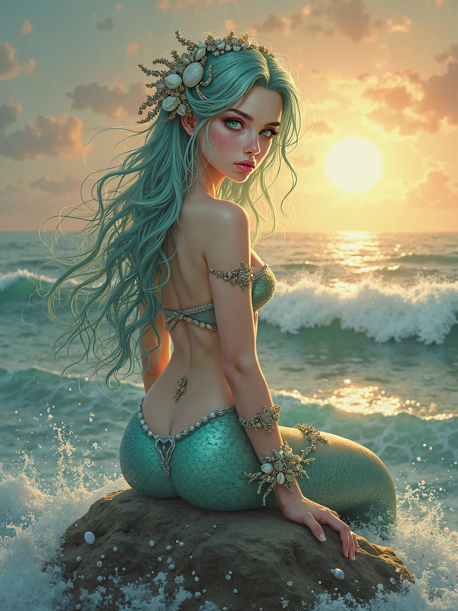 7. 1 sexy lady,solo, super fine illustration, an extremely delicate and beautiful, best quality, young mermaid, flowing aqua-colored hair, sea-green eyes, adorned with seashell accessories, sitting on a rock by the ocean, looking back with a serene express...