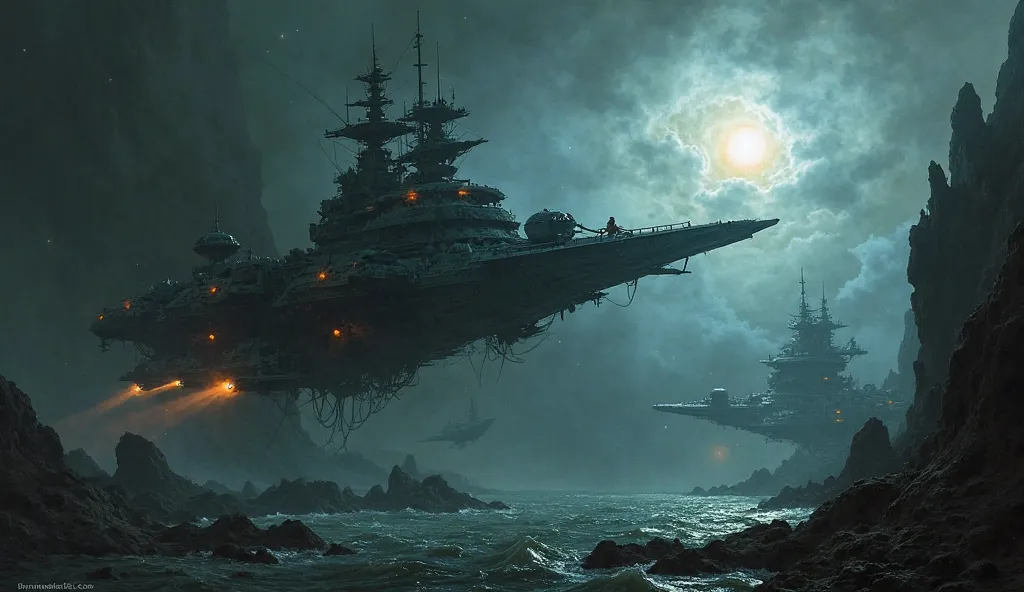 "A hauntingly beautiful depiction of a destroyed Krynn fleet drifting lifelessly in space. Broken warships float in the vast darkness, their twisted metal remains reflecting the distant light of a sun. A lone Xelari vessel glides silently past the wreckage...