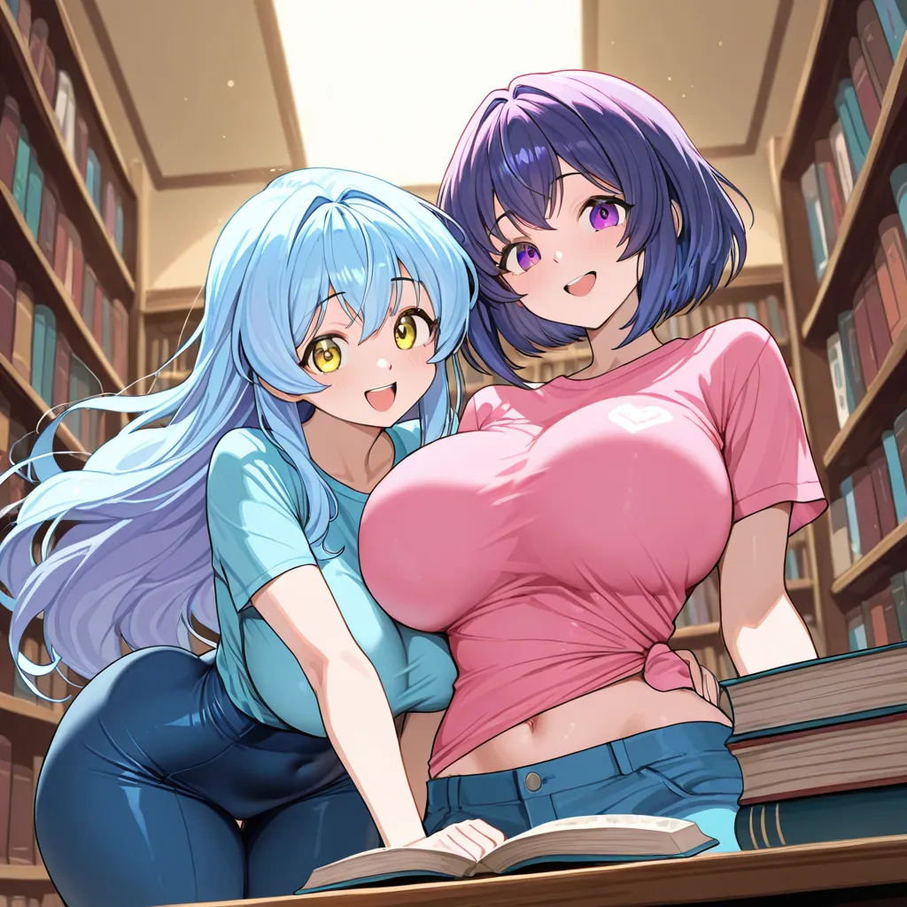 Two gay anime girls in the library are reading books while showing their navel .The shot is from the top and a little far away ...They have big breasts and big butts  (The first one has sky blue hair, yellow eyes, a very happy face, big breasts and a big b...