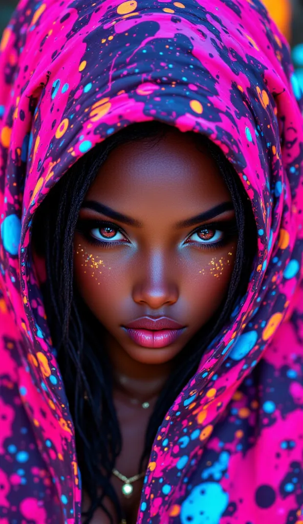 BLACK GIRL,   wearing a beautiful neon hoodie, shimmering riches , Sparkling Jewelry,   of the highest quality , Fantasy,  vibrant colors , beautiful photos,   long hair,  big, full lips ,  beautiful face, vanguarda, arte de Fantasy, Wallop art, Intense wa...