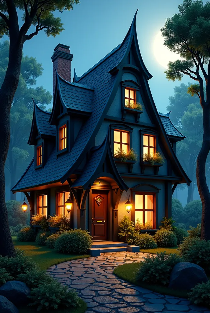  There is a house with lots of windows lit up at night, Conceptual Art Inspired by Andreas Rocha,  Art Station Contest Winners , Fantasy Art,  beautiful rendering of a fairy tale , realistic  fantasy rendering by Andreas Rocha , Fantasy House,  cozy and en...