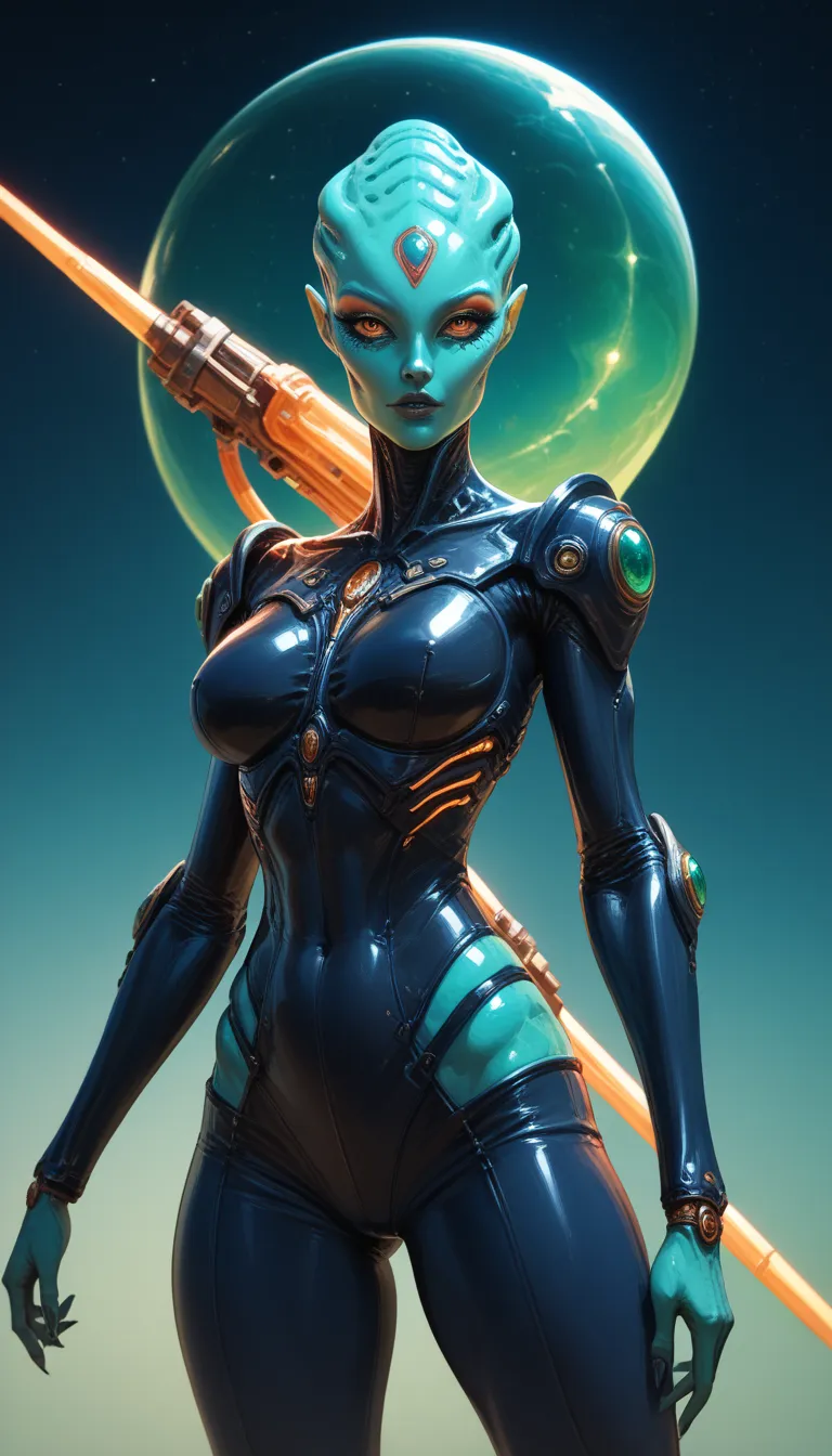 Ancient Extraterrestrial Creature, Alien Being, ((Non-Human)), Female Celestial Alien, Intricate colorful skin, Futuristic Alien Shaman, ((Intricate face Detail, detail focus)), Seductive Alien technology, ((fully clothed, advanced alien energy weapon)), S...