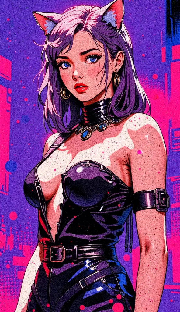 top-quality))、((​masterpiece)、cyberpunked、catgirl, revealing cyberpunk clothing, purples, blues, reds, (andy warhol), illustrated anime, retro style classic, big breasts, no background, neon colorsplash background, glitter dust, ethereal, shiny skin, 