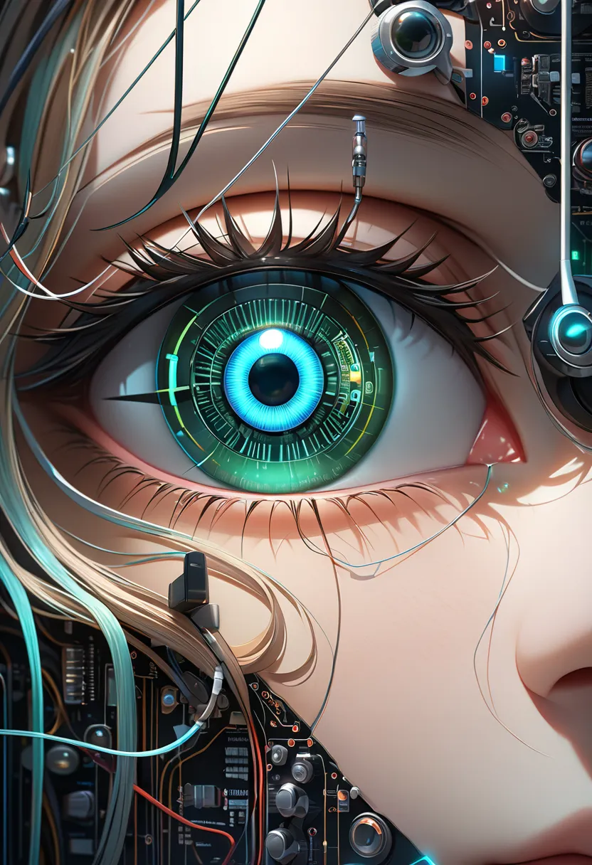 The beautiful profile of a marionette left behind in cyberspace, Digital monocular with a hologram on the front of the prosthetic eye, The Eye of the Electric Circuit, Artificial eyes made in cyber space are formed with character strings, That mechanical e...