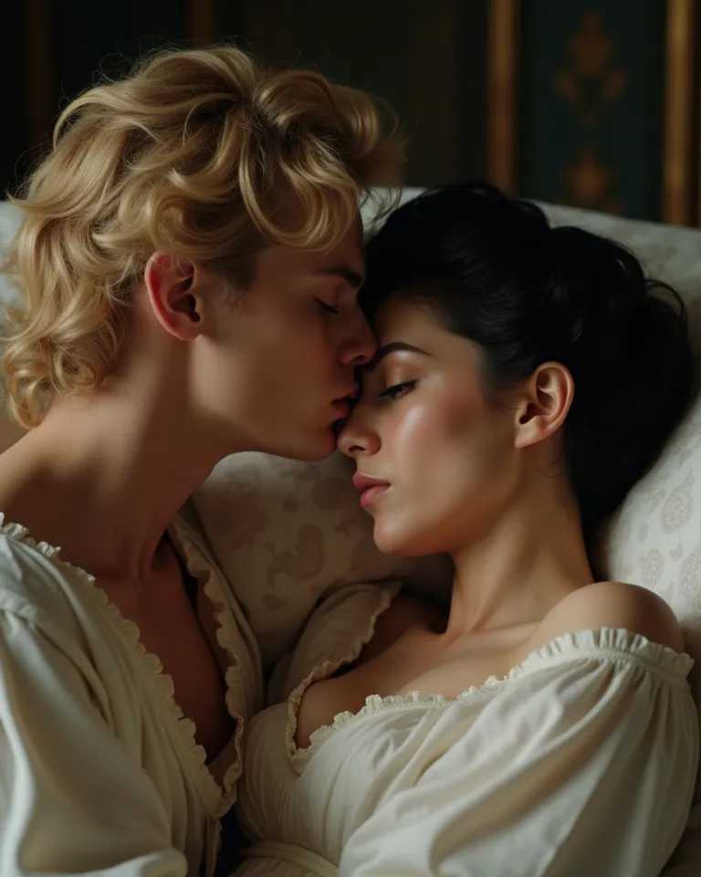 Handsome young man with blond hair and blue eyes wearing a nightgown from 1810 kissing a handsome young woman with black hair in a semi-updo and dark eyes with Spanish features dressed in sleepwear from 1810 are lying on a bed in a period room with dim nig...