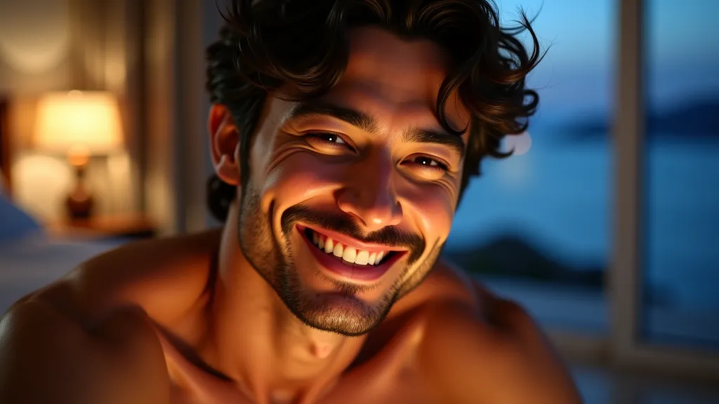 japanese man very handsome casual wear sitting night closeup、Face facing forward and looking at the camer、A close-up of a handsome, muscular, hairy 29-year-old Japanese man smiling sweetly. A very handsome, muscular, hairy Japanese man is shirtless, facing...